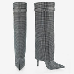 Tuhoomall Western Knee-High Cowboy Boots for Women, Stylish and Outdoor, Glittering Rhinestones and Metal Buckle, 12 cm Stiletto Heel