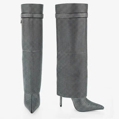 Tuhoomall Western Knee-High Cowboy Boots for Women, Stylish and Outdoor, Glittering Rhinestones and Metal Buckle, 12 cm Stiletto Heel Tuhoomall