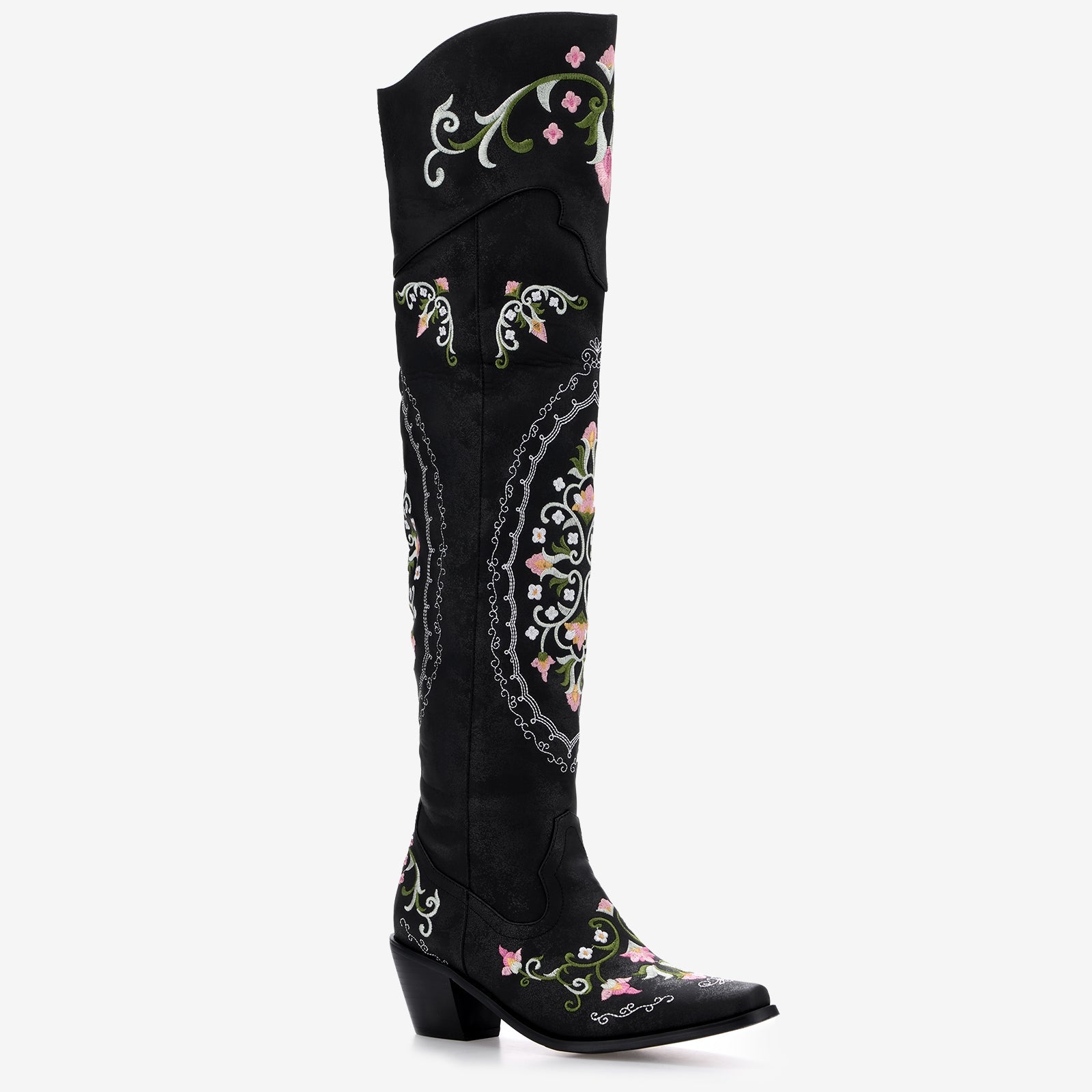Tuhoomall Western Cowgirl Over-the-Knee Boots With Chunky Heel, Embroidered Floral Design, Comfortable Slip-On Style For Fashionable Outdoor Adventures Tuhoomall