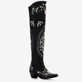 Tuhoomall Western Cowgirl Over-the-Knee Boots With Chunky Heel, Embroidered Floral Design, Comfortable Slip-On Style For Fashionable Outdoor Adventures