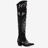 Tuhoomall Western Cowgirl Over-the-Knee Boots With Chunky Heel, Embroidered Floral Design, Comfortable Slip-On Style For Fashionable Outdoor Adventures Tuhoomall
