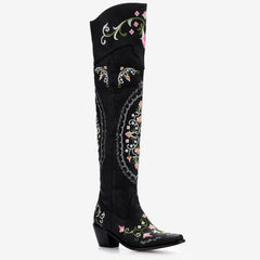 Tuhoomall Western Cowgirl Over-the-Knee Boots With Chunky Heel, Embroidered Floral Design, Comfortable Slip-On Style For Fashionable Outdoor Adventures Tuhoomall