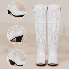 Tuhoomall Western Over-the-Knee Boots for Women, Chunky Heel, Snip-Toe, Embroidered, Slip-On, Distressed Style for Parties and Casual Outings