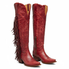 Tuhoomall Fringe Western Knee High Boots for Women, Soft Vegan Suede, Embroidered Design, Perfect for Vintage, Casual, and Party Wear