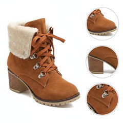 Tuhoomall Fashion Casual Ankle Boots for Women, Classic Street Style, Round Toe, Mid Heel, Lace-Up, Solid Color, Perfect for Winter Wear