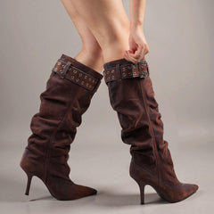 Tuhoomall Style Knee High Boots with Pointed Toe, 9cm Stiletto Heel, Perfect for Parties and Performances, Vintage and Stylish Design