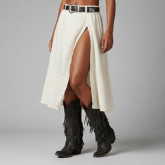 Tuhoomall Western Cowgirl Mid Calf Boots - Snip-Toe, Chunky Heel, Embroidered Fringe Design for Outdoor Style