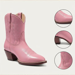 Tuhoomall Western Ankle Boots for Women, Floral Embroidery, Chunky Heel 1.97 in, Slip-On, Stylish Casual for All Seasons, High Ankle