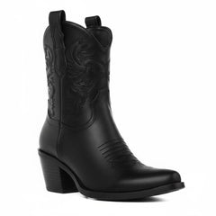 Tuhoomall Comfortable Western Ankle Boots for Fashion, Travel, and Leisure - Embroidered Genuine Leather, 5.5cm Chunky Heel, Slip-On Design