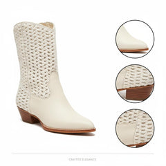 Tuhoomall Cowboy Style Chunky Heel Ankle Boots for Women, Pointed Toe, Zipper Closure, Stylish Crochet Detailing, Perfect for Work and Casual Outings