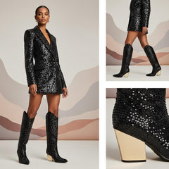 Tuhoomall Rhinestone Western Mid-Calf Boots for Women, Stylish 3.15 in Chunky Heel, Vegan Suede, Perfect for Parties and Performances