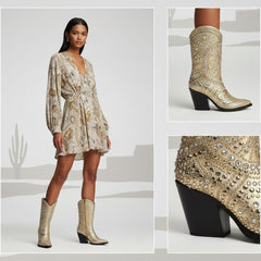 Tuhoomall Western Style Chunky Heel Boots for Women, 10cm Faux Suede with Rivet and Rhinestone Accents, Easy Zipper Closure for Parties and Performances