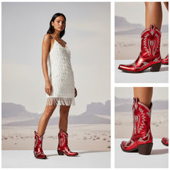 Tuhoomall Metallic Western Ankle Boots for Women - Stylish Slip-On Design with Embroidered Floral Pattern, Casual All-Season Footwear