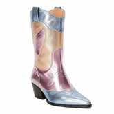 Tuhoomall Colorful Metallic Western Mid Calf Boots with Embroidery, Pointed Toe, Comfort Block Heel for Casual Wear