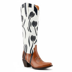 Tuhoomall Western Style Mid Calf Boots With Floral Embroidery - Casual Fashion Footwear For Travel And Parties, 2.00 In Heel, Snip Toe Design