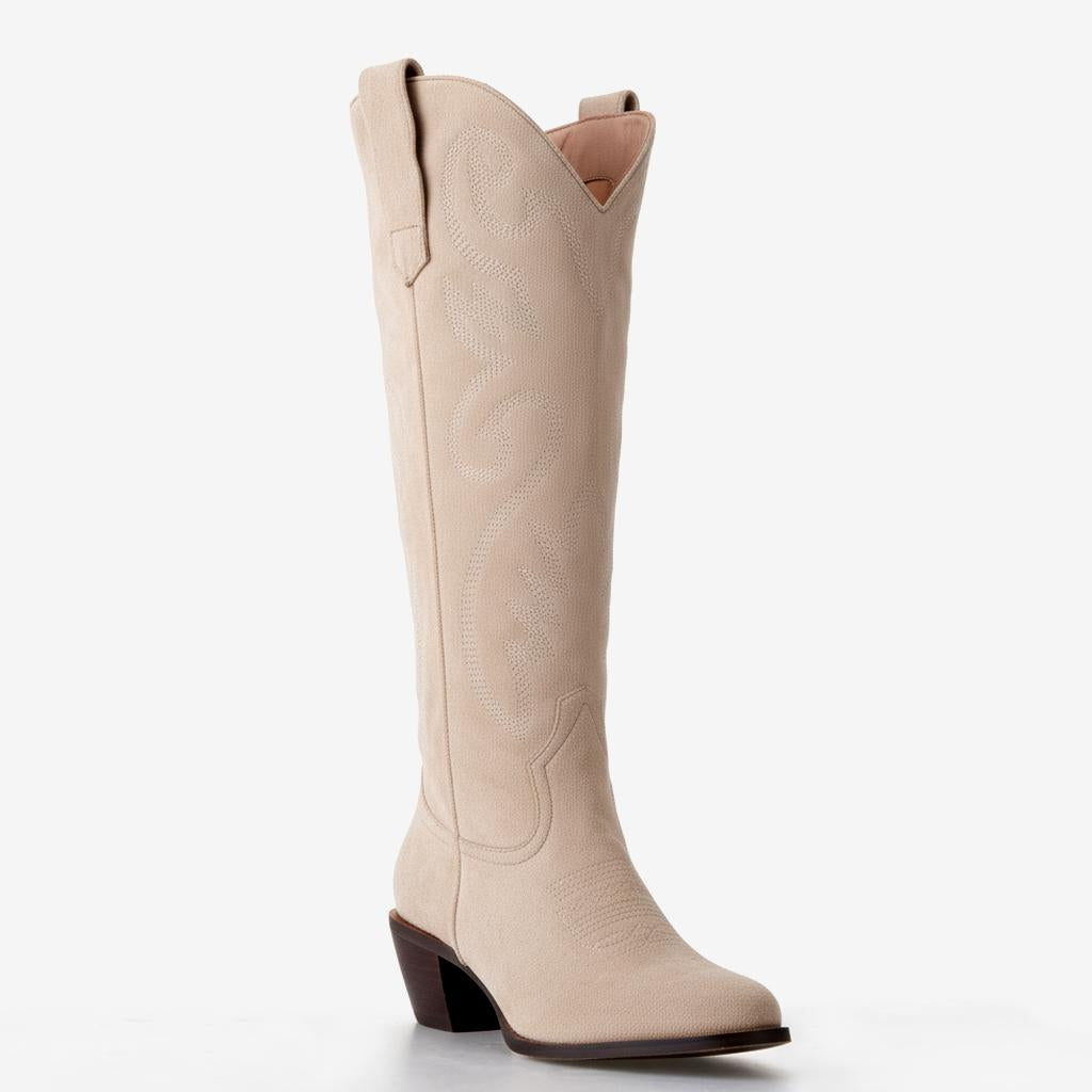 Tuhoomall Western Style Knee-High Boots with Embroidery, Casual Faux Suede, 5cm Chunky Heel, Perfect for All Seasons and Everyday Wear Tuhoomall