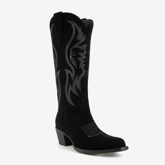 Tuhoomall Western Embroidered Pointed Toe Chunky Heel Slip-On Mid Calf Boots for Women, Retro Casual Style, Perfect for Weddings and Everyday Wear
