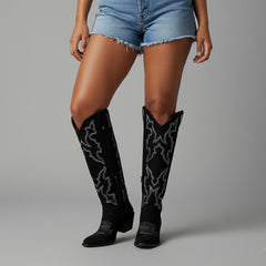 Tuhoomall Western Knee-High Boots with Elegant Embroidery, Stylish Mid Heel for Casual and Office Wear, Durable Faux Suede Leather, All-Season Fashion