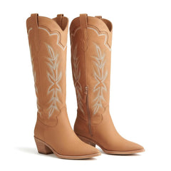 Tuhoomall Embroidered Western Chunky Heel Boots for Women - Pointed Toe, Zipper Closure, Mid-Calf Height, Stylish Vegan Leather, Perfect for All Seasons