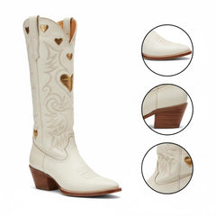 Tuhoomall Western Knee High Boots With Rubber Sole, 5cm Chunky Heel, Embroidered Sweet Pink Hearts For Casual Fashion All Year Round