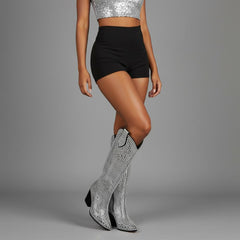 Tuhoomall Rhinestone Western Mid-Calf Boots for Women, Stylish 3.15 in Chunky Heel, Vegan Suede, Perfect for Parties and Performances