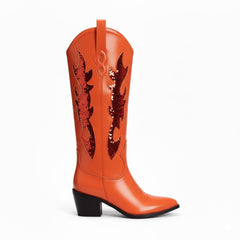 Tuhoomall Comfortable Western Boots with Sequins and Floral Design for Stylish Parties, Runway Shows, and Casual Outings - Knee-High Chunky Heel Tuhoomall