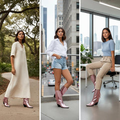 Tuhoomall Western Mid Calf Boots for Women, Metallic Bright Surface with Fringe, Slip-On, Casual Style, Chunky Heel, Perfect for Parties and Performances