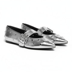 Tuhoomall Comfortable Pointed-Toe Flat Shoes with Adjustable Buckle for Casual Party Style - Studded Genuine Leather Upper, Rubber Sole