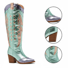 Tuhoomall Western Cowgirl Mid Calf Boots with Snip-Toe and Chunky Heel for Fashion Parties and Performances, Animal Pattern, Metallic Bright Surface