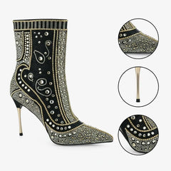 Tuhoomall Stylish Short Ankle Boots With Zipper, Rhinestones And Studs For Parties, Performances, And Fashion Events Tuhoomall