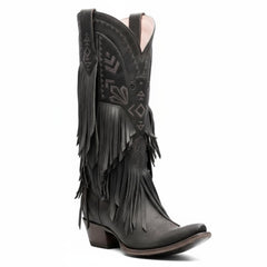 Tuhoomall Western Cowgirl Mid Calf Boots - Snip-Toe, Chunky Heel, Embroidered Fringe Design for Outdoor Style