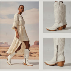 Tuhoomall Stylish Western Mid-Calf Boots for Women - Embroidered Vegan Leather, 2.76in Low Chunky Heel, Perfect for Year-Round Casual Wear