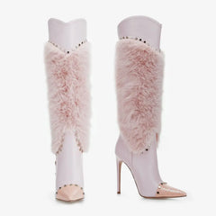 Tuhoomall Heel Fashion Boots for Women, Elegant Pointed Toe High Heels with Studs and Faux Fur, Ideal for Parties and Performances Tuhoomall