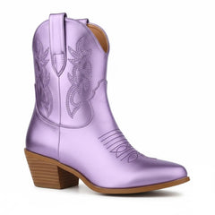 Tuhoomall Western Ankle Boots with Embroidered Pattern, 5cm Chunky Heel, Slip-On Design for Fashion and Travel, Durable Synthetic Fabric Lining