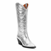 Tuhoomall Metallic Silver Western Mid Calf Boots With Stitched Detailing For Fashion, Travel, And Parties - Comfortable 2.36" Heel Tuhoomall