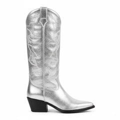 Tuhoomall Metallic Silver Western Mid Calf Boots With Stitched Detailing For Fashion, Travel, And Parties - Comfortable 2.36" Heel