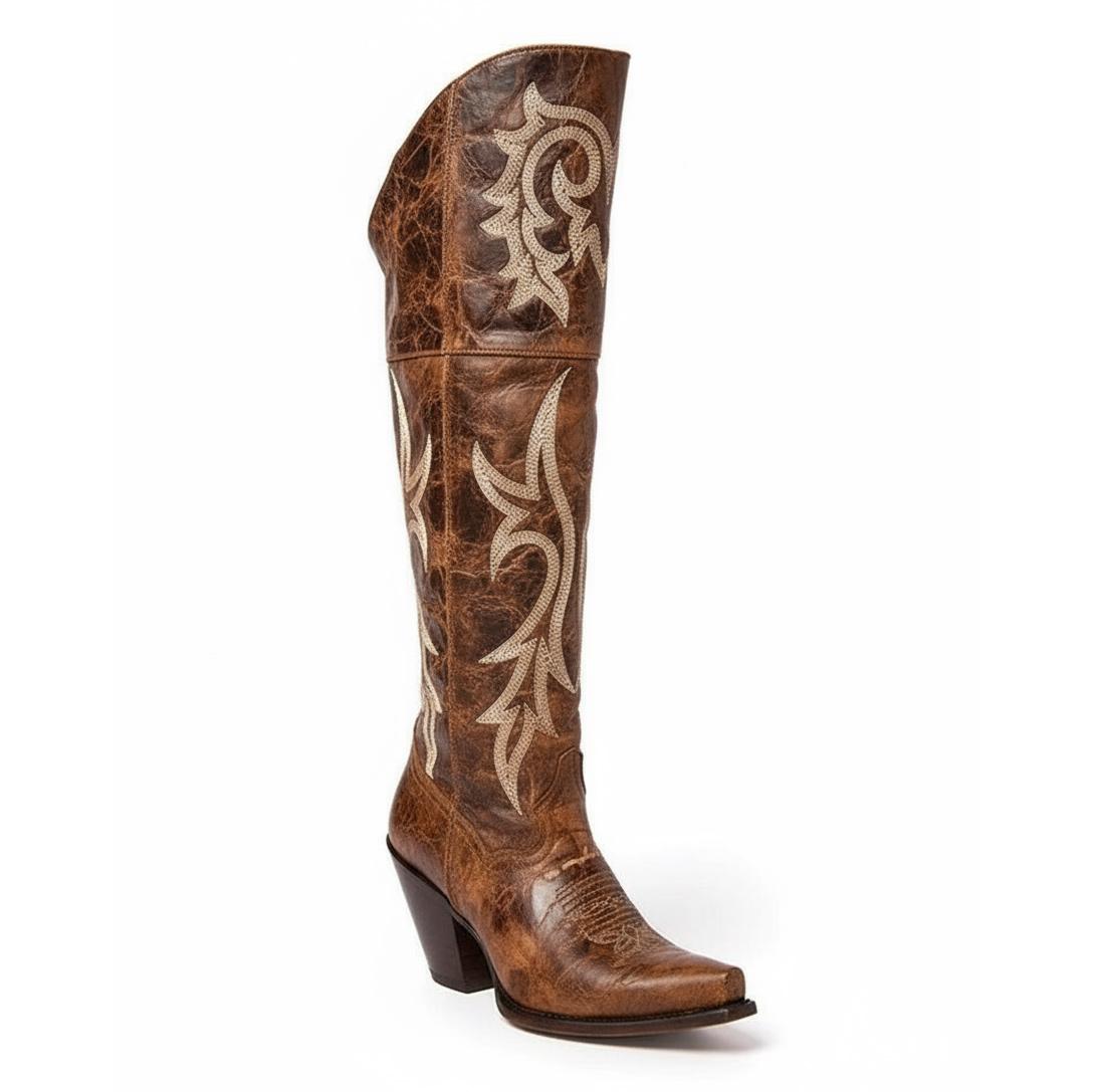 Tuhoomall Western Over-the-Knee Boots for Women, Chunky Heel, Snip-Toe, Embroidered, Slip-On, Distressed Style for Parties and Casual Outings Tuhoomall