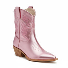 Tuhoomall Metallic Cowboy Ankle Boot with Chunky Block Heel, Pointed Toe, Embroidered Design for Casual Fashion Use, Vegan Leather, All Seasons