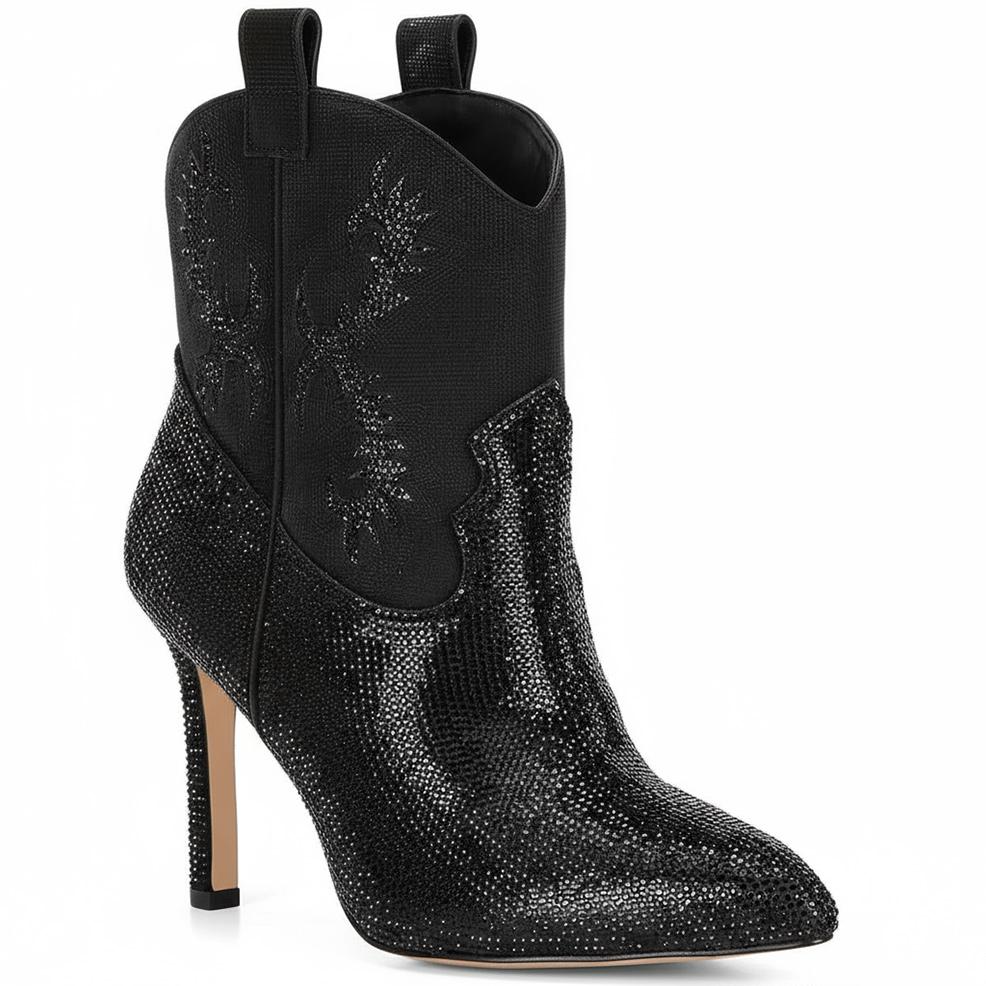 Tuhoomall Western Rhinestone Stiletto Ankle Boots, 3.54in High Heel, Slip-On Fashion for Parties and Casual Outings Tuhoomall