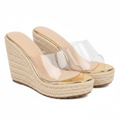 Tuhoomall Wedge Sandals For Women, Summer 10cm Heel, Slip-On Design, Fashionable Solid Color, Ethnic Style