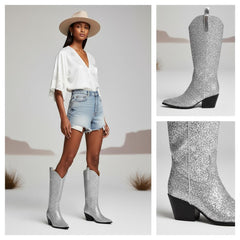 Tuhoomall Western Block Heel Ankle Boots with Glitter Detail, 2.50 in Heel Height, Stylish for Parties and Performances, Faux Leather Lining