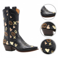 Tuhoomall Western Ankle Boots for Women, 5.5cm Heeled Slip-On, Geometric Pattern with Embroidery, Casual Stylish Mid-Calf Footwear for All Seasons