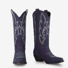 Tuhoomall Western Cowgirl Boots, Mid Calf Boot, Fashion Casual, Chunky Heel, Embroidery Detailing, Slip-On Design Tuhoomall