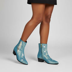 Tuhoomall Pointed-Toe Chunky Heel Ankle Booties with Zipper Closure - Fashionable Floral Applique Design for Parties and Everyday Wear