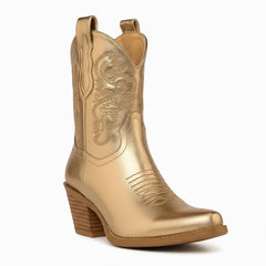 Tuhoomall Comfortable Western Ankle Boots for Fashion, Travel, and Leisure - Embroidered Genuine Leather, 5.5cm Chunky Heel, Slip-On Design