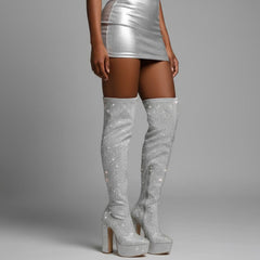 Tuhoomall Thigh High Satin Platform Boots with Chunky Heel and Rhinestone Embellishments for Parties and Special Occasions