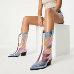 Tuhoomall Colorful Metallic Western Mid Calf Boots with Embroidery, Pointed Toe, Comfort Block Heel for Casual Wear