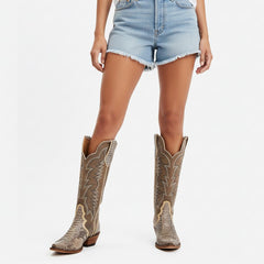 Tuhoomall Western Style Knee-High Women's Boots, Comfortable Snip Toe, Embroidered Snake PU, Ideal for Travel, Casual, Parties, All-Season Wear