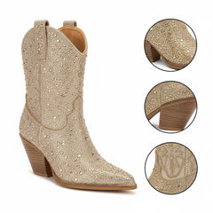 Tuhoomall Rhinestone Embellished Ankle Boots for Women, Chunky Heel 6.5 cm, Slip-On Pointed Toe Short Booties for Parties and Weddings