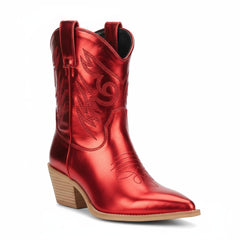 Tuhoomall Metallic Cowboy Ankle Boot with Chunky Block Heel, Pointed Toe, Embroidered Design for Casual Fashion Use, Vegan Leather, All Seasons